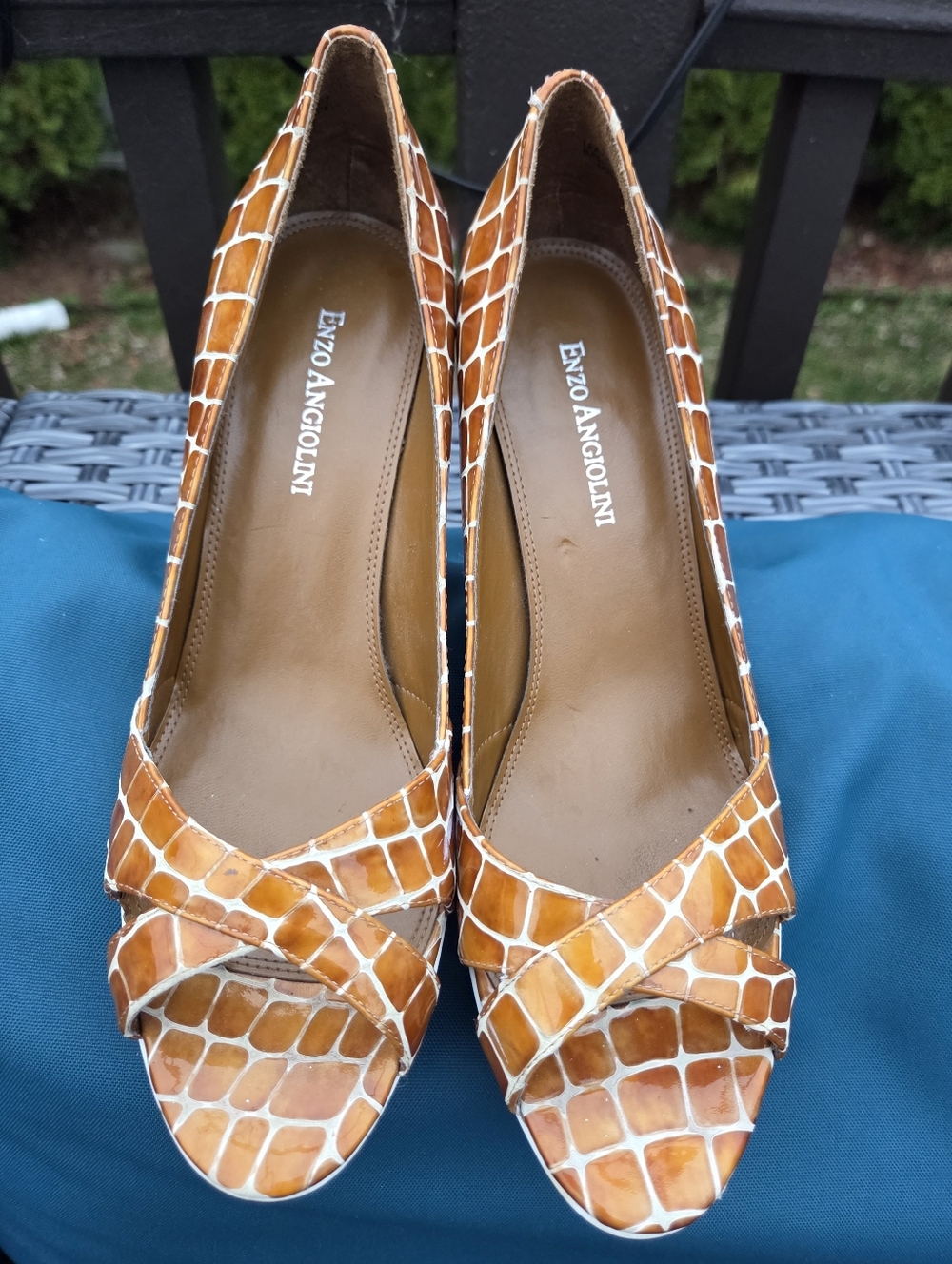 ENZO ANGIOLINI, Heels, LEATHER, Rust & White Giraffe Animal  Print Open Toe, 8.5